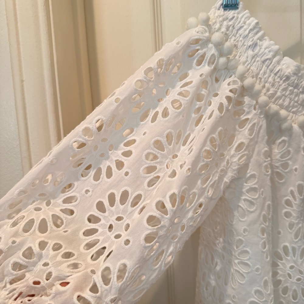Your summer goto Lilly Pulitzer White Eyelet Off-Shoulder Tunic with PomPom Trim - Picture 2 of 10